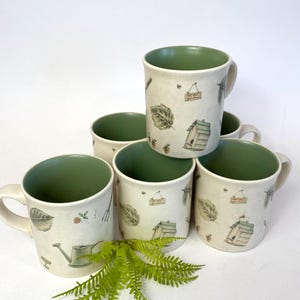 Pfaltzgraff Naturewood Stoneware Mug Set of 6, Vintage Garden Herb Tea Cups, Green Interior Cottagecore Mugs, Botanical Kitchen Decor