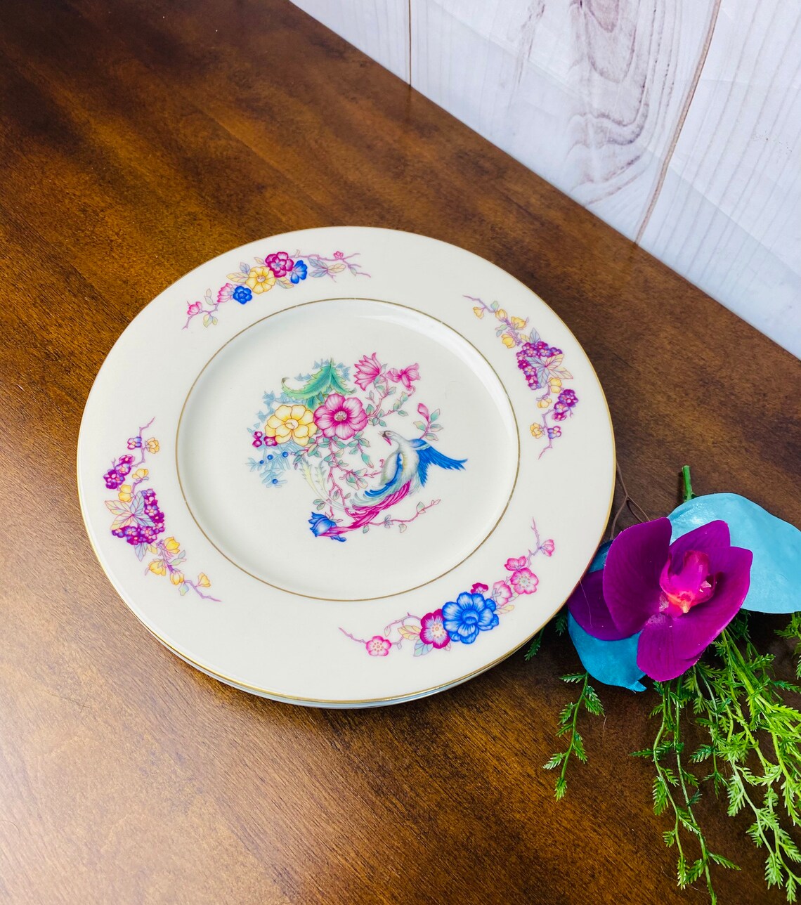 Vintage Pink and Blue Ceramic Salad Plates with Gold Trim | Etsy
