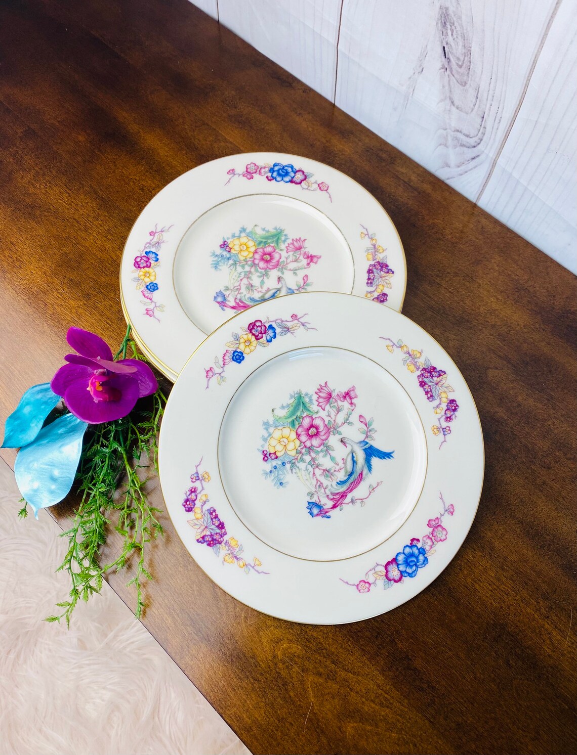 Vintage Pink and Blue Ceramic Salad Plates with Gold Trim Etsy