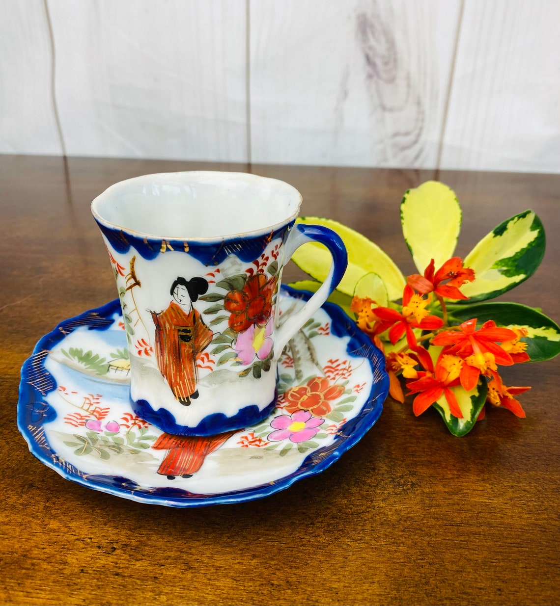 Vintage Japanese Tea Set Geisha Girl Tea Cup Blue and White Etsy