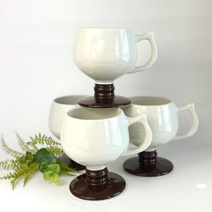 Hall Pottery Pedestal Coffee Mugs Set of 4 – Vintage Brown Ivory 1970s