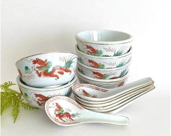 Vintage Asian Red Dragon Bowl & Spoon Set: Oriental Kitchen Decor