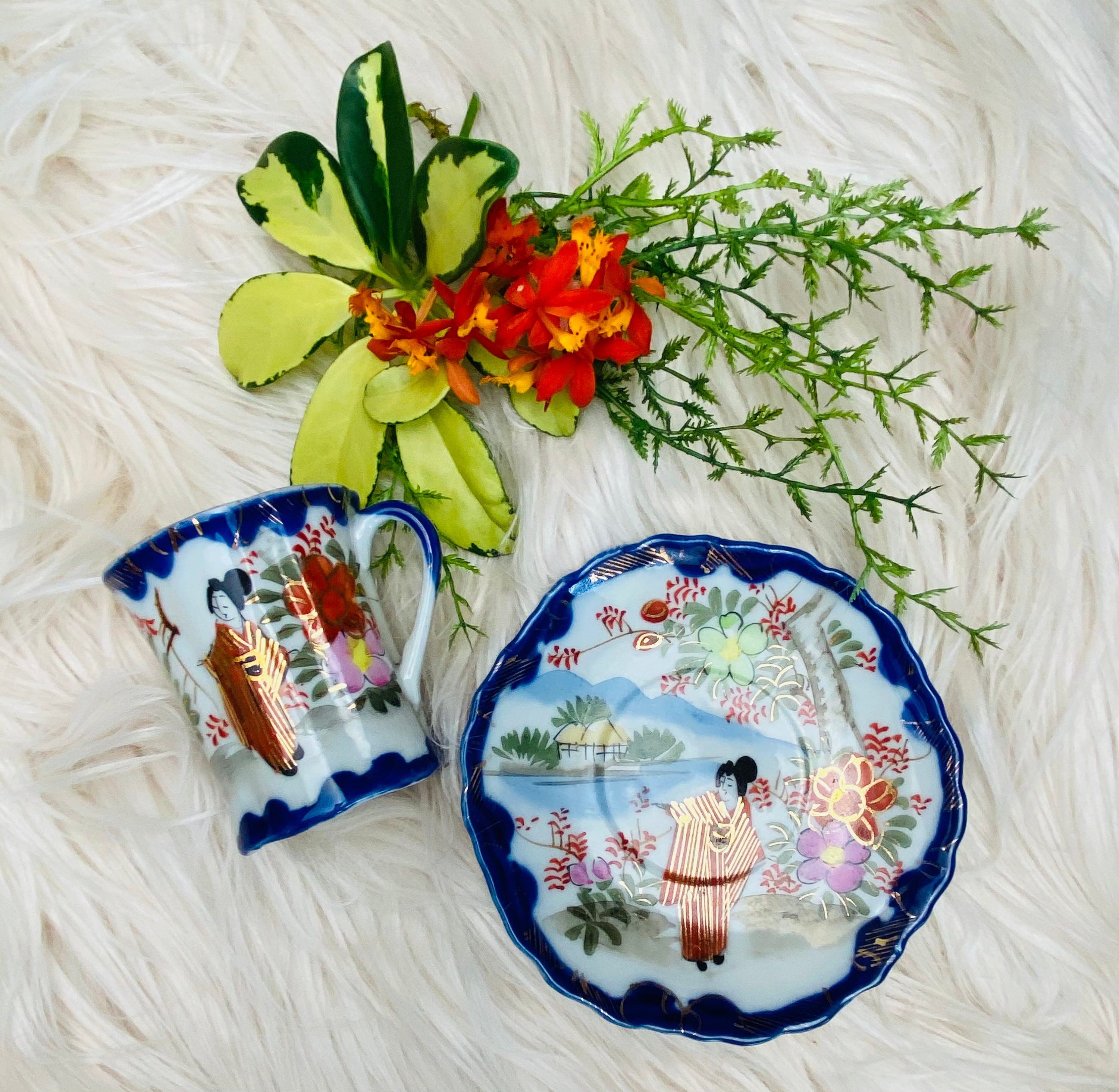Vintage Japanese Tea Set Geisha Girl Tea Cup Blue and White Etsy