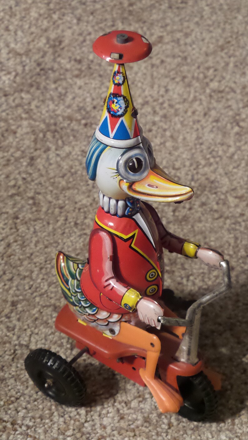 Vintage Duck on Bicycle Tin Litho Mechanical WindUp Toy Made Etsy