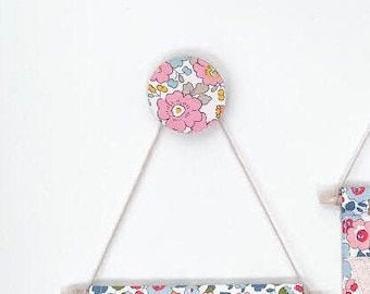 Round Wooden Self Adhesive Circle Wall picture Hook, Liberty of London Fabric.