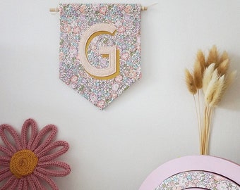 Liberty of London Michelle Pink floral fabric custom monogram initial wall banner. New baby gift. Nursery decor. Kids bedroom accessories.