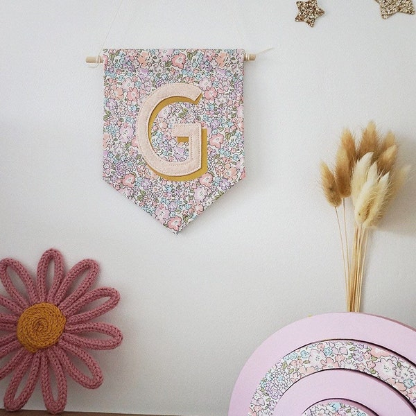 Liberty of London Michelle Pink floral fabric custom monogram initial wall banner. New baby gift. Nursery decor. Kids bedroom accessories.