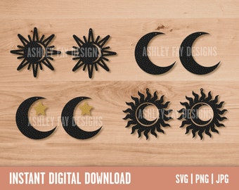 Sun and Moon Earrings SVG | Faux Leather Earrings Template | Earrings Cut File | Jewelry Cut File