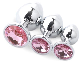 Set of 3 or Single ( S/M/L) Stainless Steel Butt Plugs / Anal Plug with Jewelled end. Choose Your Colour