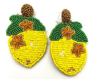 Lemon Beaded Earrings with Fingernails Post, Best Gift for women, Easter Basket Filler