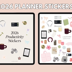 May include: Two digital planner sticker sets on tablets. The first set features a coffee mug, dumbbells, and a jade roller. The second set includes a face mask, a book, and a water bottle. The text on the top says "2026 Planner Stickers".