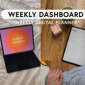 Puede incluir: Un planificador digital semanal en la pantalla de un portátil con el texto "it's a good week to have a good week". El portátil está sobre una colcha blanca. Una aplicación de planificador digital está abierta en una tableta con la palabra "Lunes" en la parte superior. La tableta está sobre una superficie de madera con una vela blanca y un vaso verde.