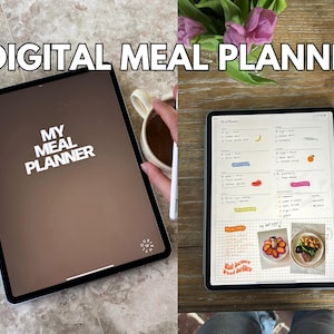 May include: A digital meal planner app on an iPad with the text "My Meal Planner" displayed on the screen. The iPad is on a table with a cup of coffee and a stylus pen.