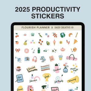 May include: A sheet of colorful stickers with illustrations of various activities, objects, and phrases. The stickers are designed for use in a planner or journal. Some of the stickers include: coffee, journal, workout, skincare, goals, movie night, get ready, winning, and work.