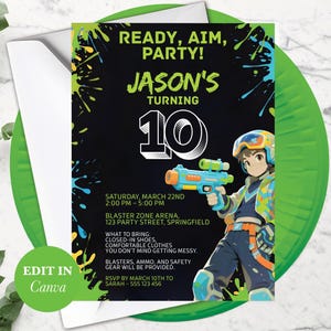 May include: A birthday party invitation with the text "Ready, Aim, Party!" and "Jason's Turning 10". The invitation features a cartoon illustration of a boy with a toy gun and colorful paint splatters on a black background.
