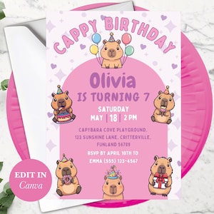 Capybara Digital Invitations for Girls, Editable Birthday Invite, Cute Capybara Theme, Instant Download Template