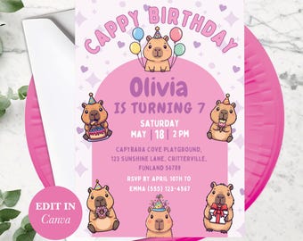 Invitaciones digitales de carpincho para niñas, invitación de cumpleaños editable, adorable tema de carpincho, plantilla de descarga instantánea