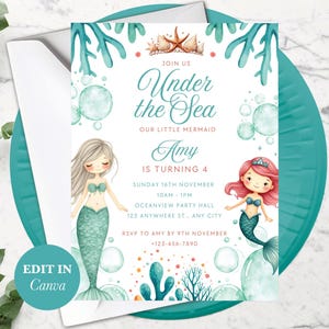 Four Birthday Invitations, Editable Mermaid Invite, Under the Sea Theme, Digital Printable for Girls