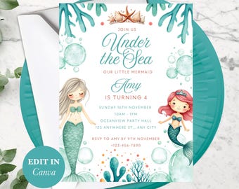 Four Birthday Invitations, Editable Mermaid Invite, Under the Sea Theme, Digital Printable for Girls