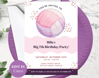 Volleyball Birthday Invitation, Editable Digital Download Invite for Girl's Sports Party, Customizable Template