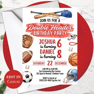 Double Header Birthday Invitation, Editable Template, Instant Download, Baseball & Soccer Theme, Perfect For Joint Birthdays