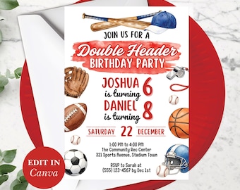 Double Header Birthday Invitation, Editable Template, Instant Download, Baseball & Soccer Theme, Perfect For Joint Birthdays
