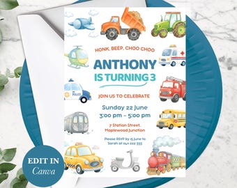 Transportation Birthday Invitation Honk Beep Choo Choo - Editable Kids Cars & Trucks Invite For 3Rd Birthday