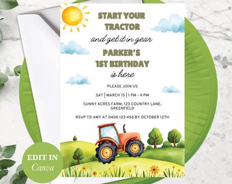 Start Your Tractor First Birthday Invite, Printable Boys Party Decor, Farm Vehicles Theme, Digital Download