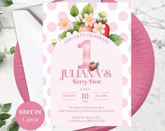 My Berry First Birthday Invitation, Editable Digital Invite, Sweet Party Theme for Girls