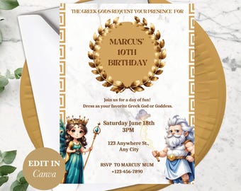 Greek Mythology Party Invitation, Editable Canva Template, Birthday Invite, Digital Download, Toga Theme