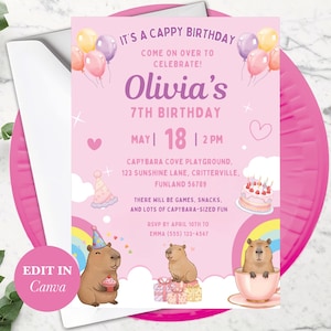 Capybara Invitation Card, Editable Birthday Template, Cute Animal Invite, Digital Download for Kids Party
