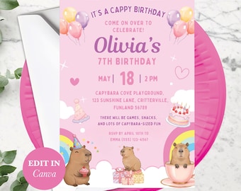 Capybara Invitation Card, Editable Birthday Template, Cute Animal Invite, Digital Download for Kids Party