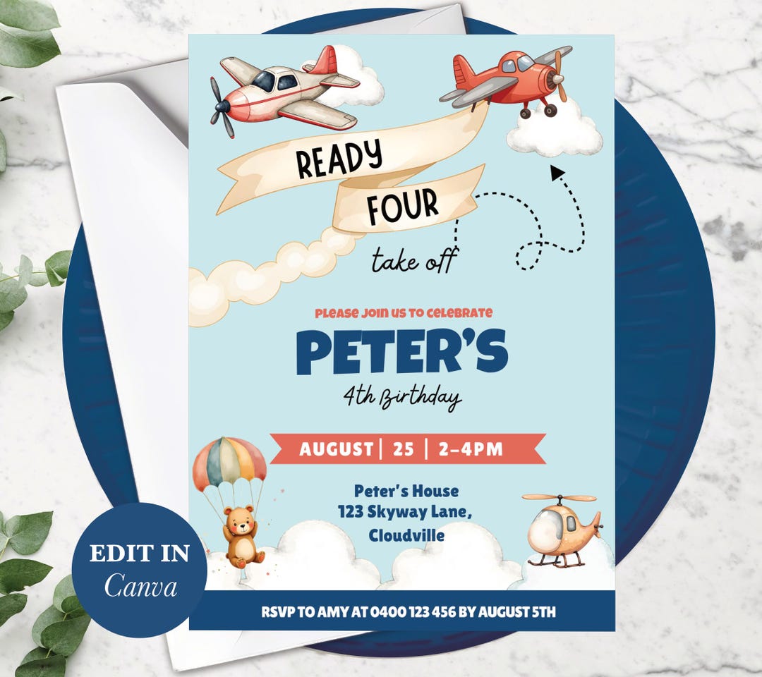 Take Flight Invite Ready Four Take off Birthday Invitation, Airplane Party Invite for Kids ...