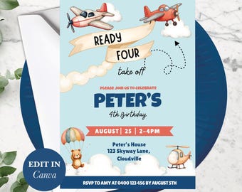 Ready Four Take Off Birthday Invitation, Airplane Party Invite for Kids, Pilot Themed 4th Birthday Celebration