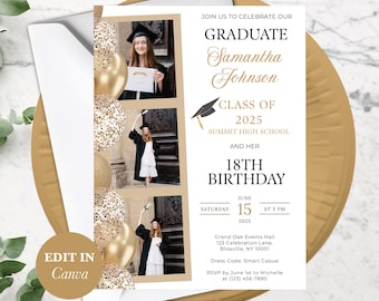 Graduation and 18th Birthday Party Invitation, Editable Digital Invite, Customizable Celebration Template