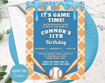 Baseball Drip Birthday Invitation, Editable Digital Template, Instant Download, Fun Softball Party Invite, Editable Canva Template