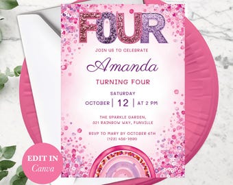 4th Birthday Invite, Editable Rainbow Sequin Template, Girls Party Invitation, Digital Download, Printable