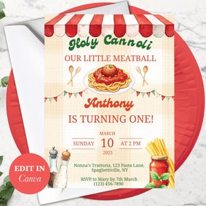 Convite de aniversário de almôndega, espaguete, modelo digital editável 5x7, festa infantil, italiano, download instantâneo, personalizável, 1º aniversário