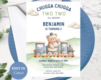 Two Year Old Train Invitation, Editable Birthday Invite, Printable Template, Chugga Chugga Party Invite