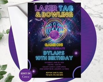 Kids Bowling Laser Tag Birthday Invite - Fun Bowling Arcade Party Invitation - Editable Glow Games Invite