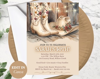 Rustic Western 40Th Birthday Invitation With Editable Template, Cowboy Boots Design For Western Party