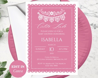 Cielito Lindo Baby Shower Pink Invitation, Editable Template, Mexican Papel Picado, Perfect for Girls Party