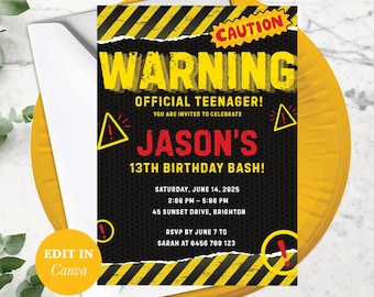 Warning Official Teenager 13th Birthday Invitation, Editable Canva Template, Instant Download for Parties