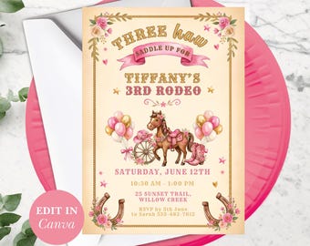 Third Rodeo Girls Birthday Invitation – Cute Cowgirl Party Invite For 3Rd Birthday Girl