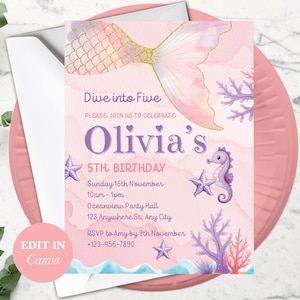 Dive into Five 5th Birthday Mermaid Invitation, Editable Template, Under the Sea Invite, Pink Purple Blue Design, Instant Download for Girls
