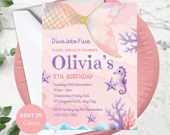 Dive into Five 5th Birthday Mermaid Invitation, Editable Template, Under the Sea Invite, Pink Purple Blue Design, Instant Download for Girls