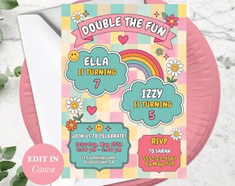 Joint Checker Birthday Invite For Siblings - Editable Smiley Face Party Invitation