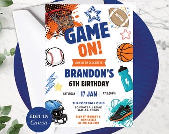 Sports Birthday Invitation For Kids - Editable Canva Template For All-Star Multi-Sport Theme Celebration