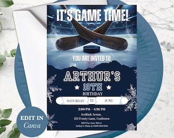 Hockey Birthday Invitation, Editable Kids Party Invite, Canva Template, Digital Download, Printable Design