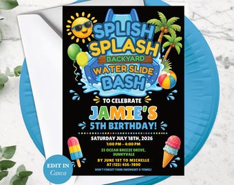Water Slide Invite Boy - Editable Pool Party Invitation For A Fun Birthday Celebration